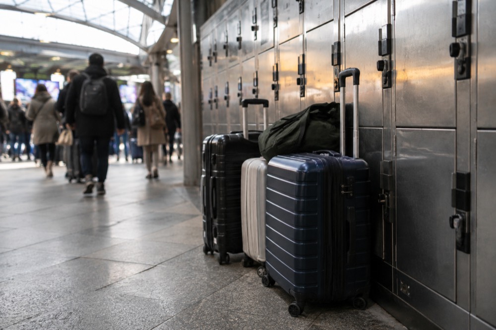 Rolling suitcases parked beside a row of metal storage lockers in a New York transit station