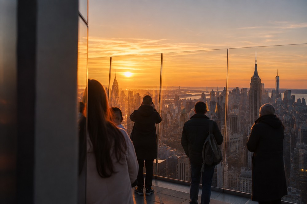 Visitors on the open-air 86th floor promenade looking out over the Manhattan skyline