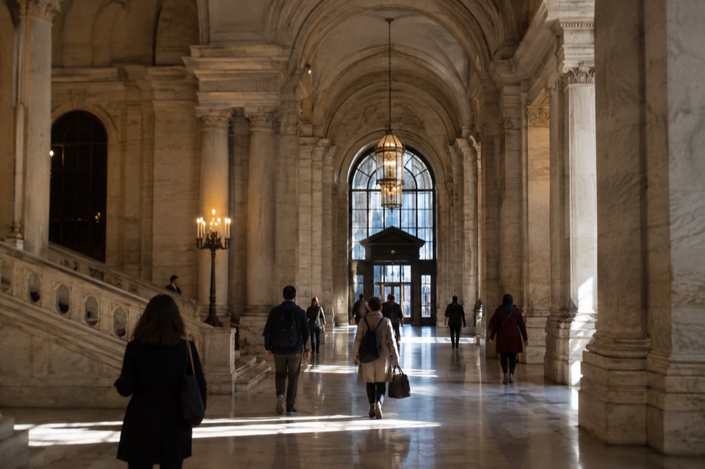 The marble entrance hall of the New York Public Library's main building on 5th Avenue with visitors walking through