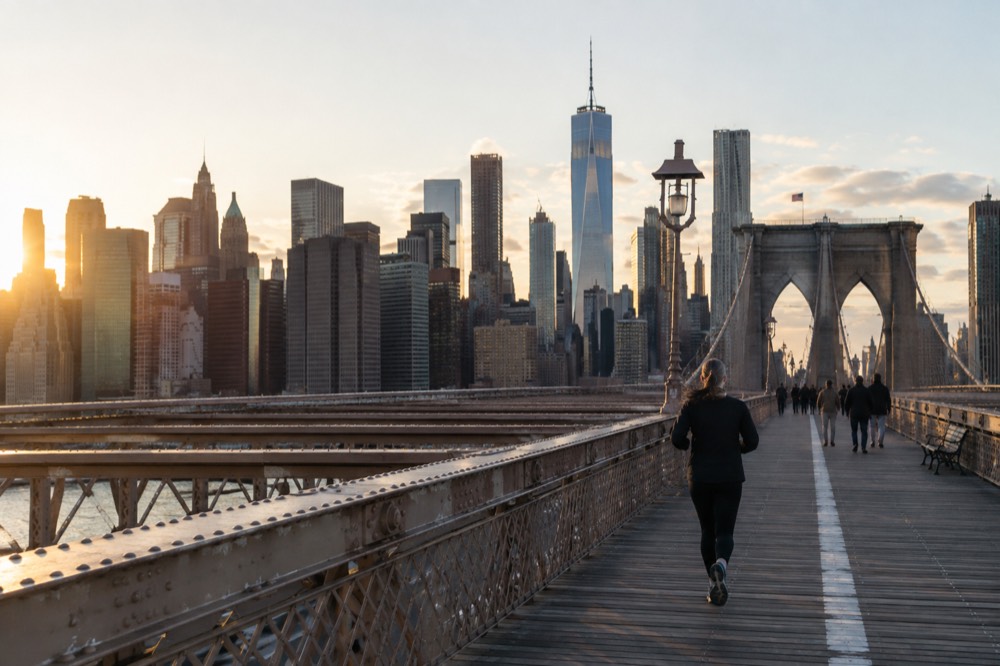 The Manhattan skyline seen from the Brooklyn Bridge promenade at late afternoon