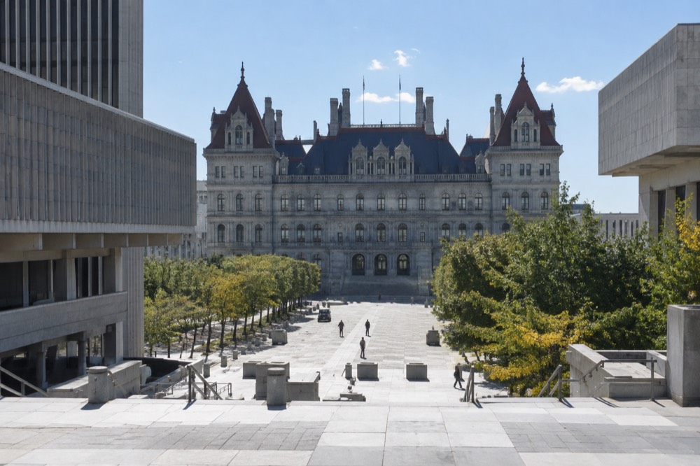 The New York State Capitol building in Albany seen from Empire State Plaza on a clear day