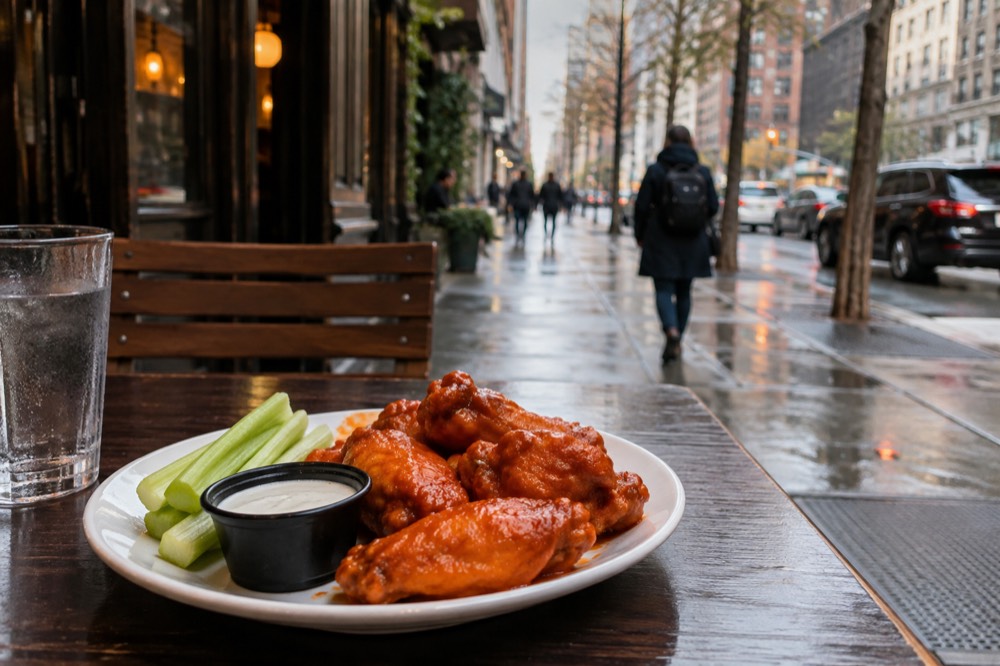 A plate of Buffalo chicken wings with celery sticks and dipping sauce on a restaurant table