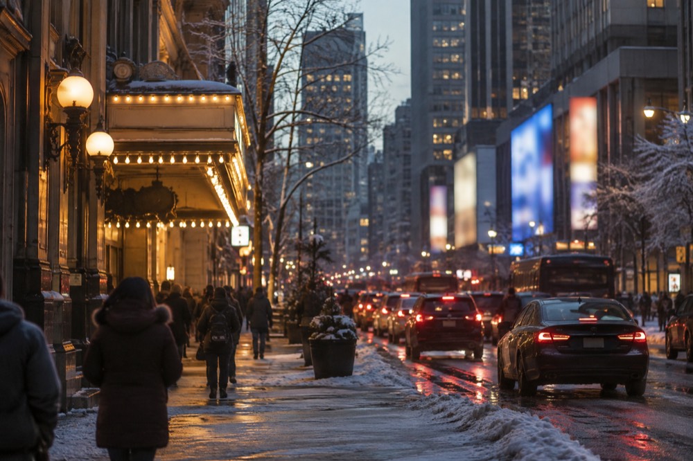 An evening view of a snowy Midtown street with theater marquees lit up and yellow taxis on the road