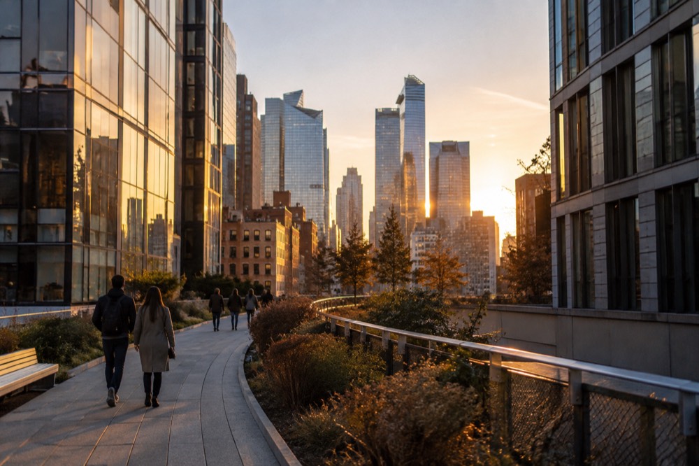 The High Line walkway curving between glass buildings toward Hudson Yards on a clear afternoon
