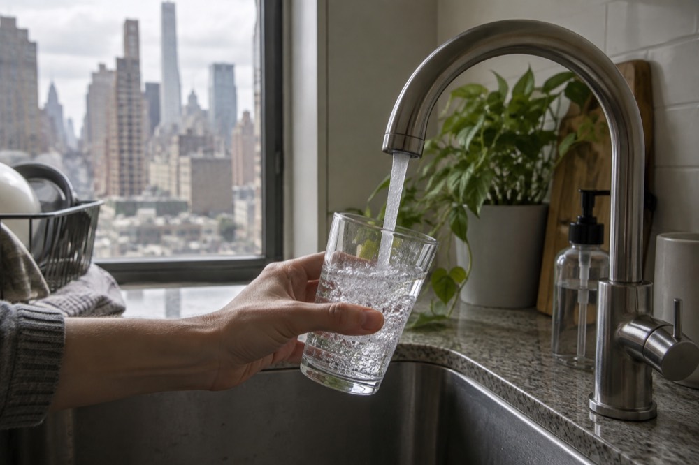 A glass of water being filled from a kitchen faucet in a New York City apartment