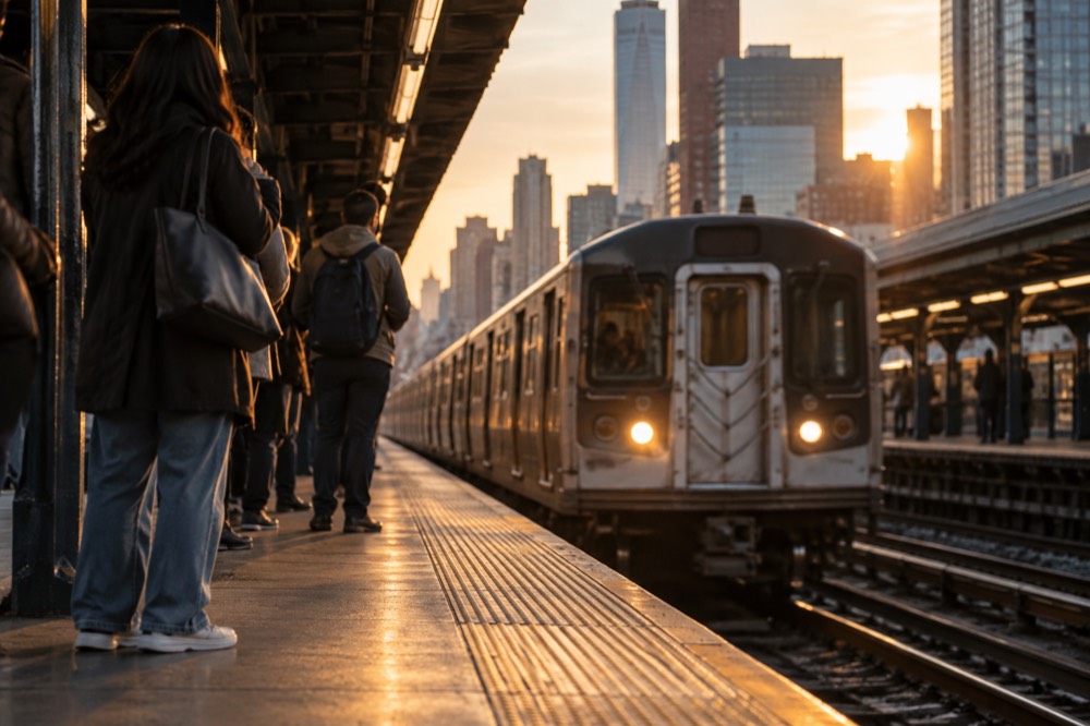 A subway platform with a train arriving as passengers wait near the tracks
