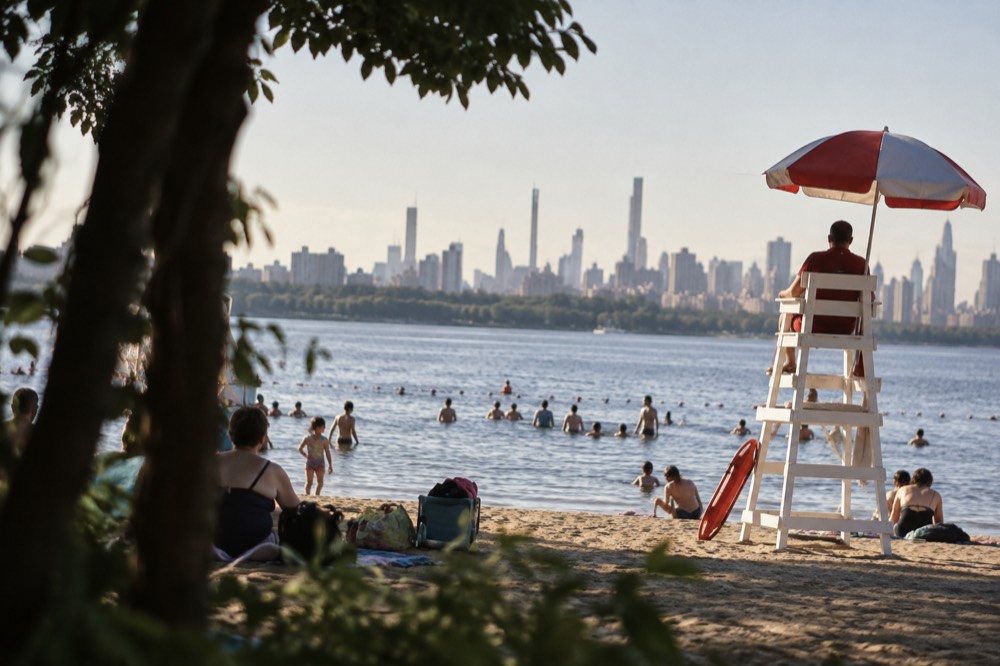 Families swimming at a sandy lake beach with a roped-off swimming area and lifeguard chair