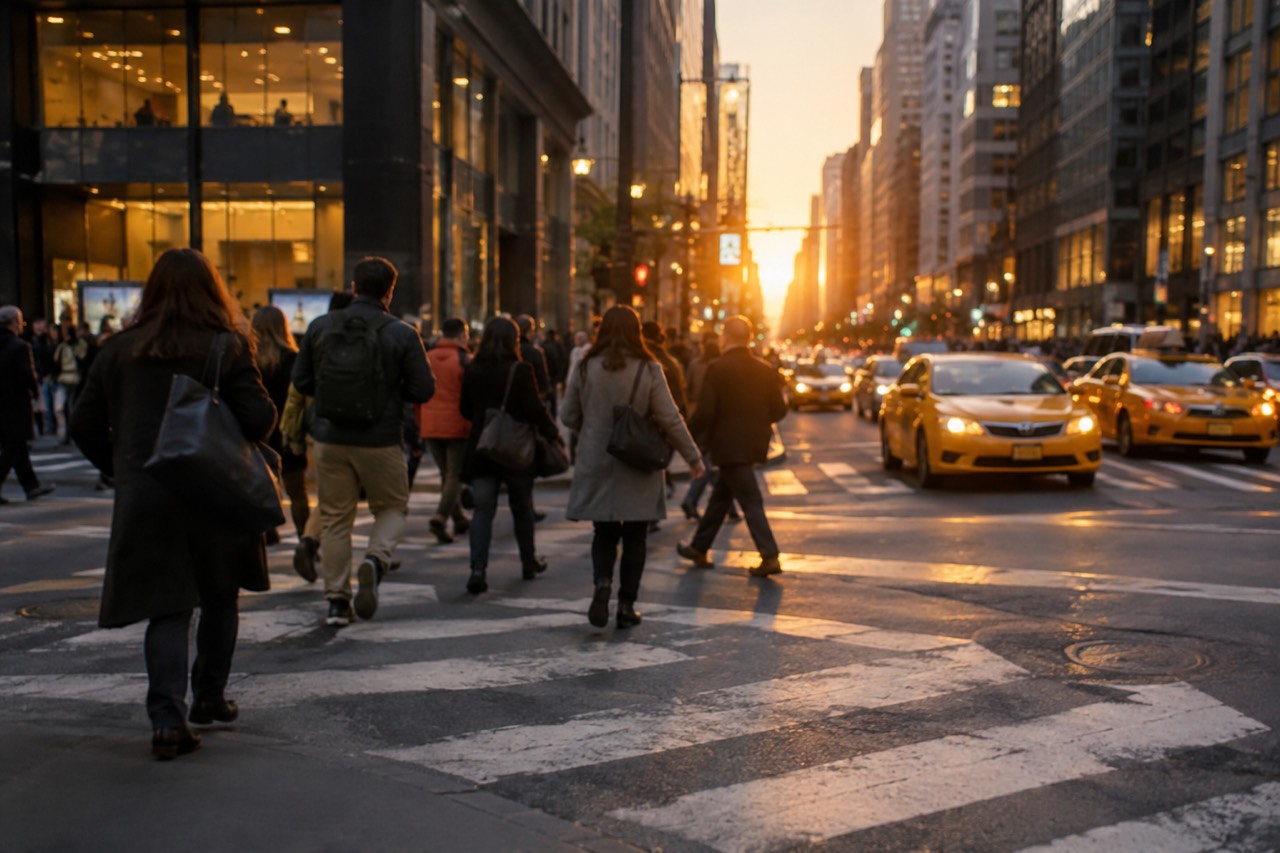 Pedestrians crossing a busy Manhattan street at dusk with yellow taxis and lit storefronts