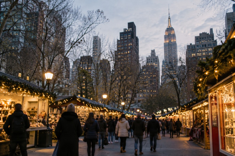 Festive holiday market stalls with string lights in a New York park at dusk