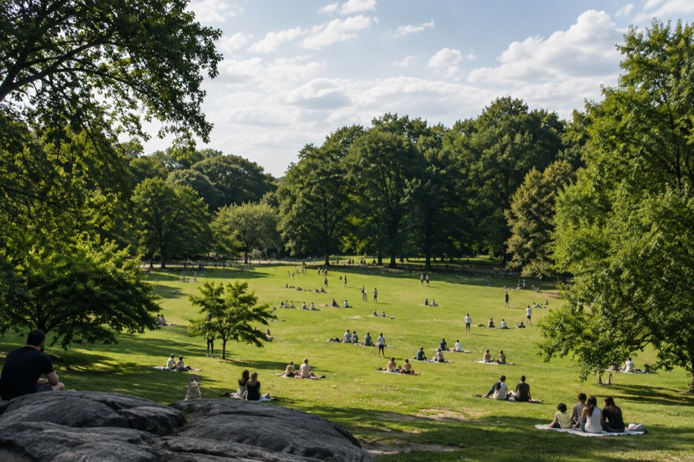 People relaxing on a green lawn in Central Park under a clear summer sky