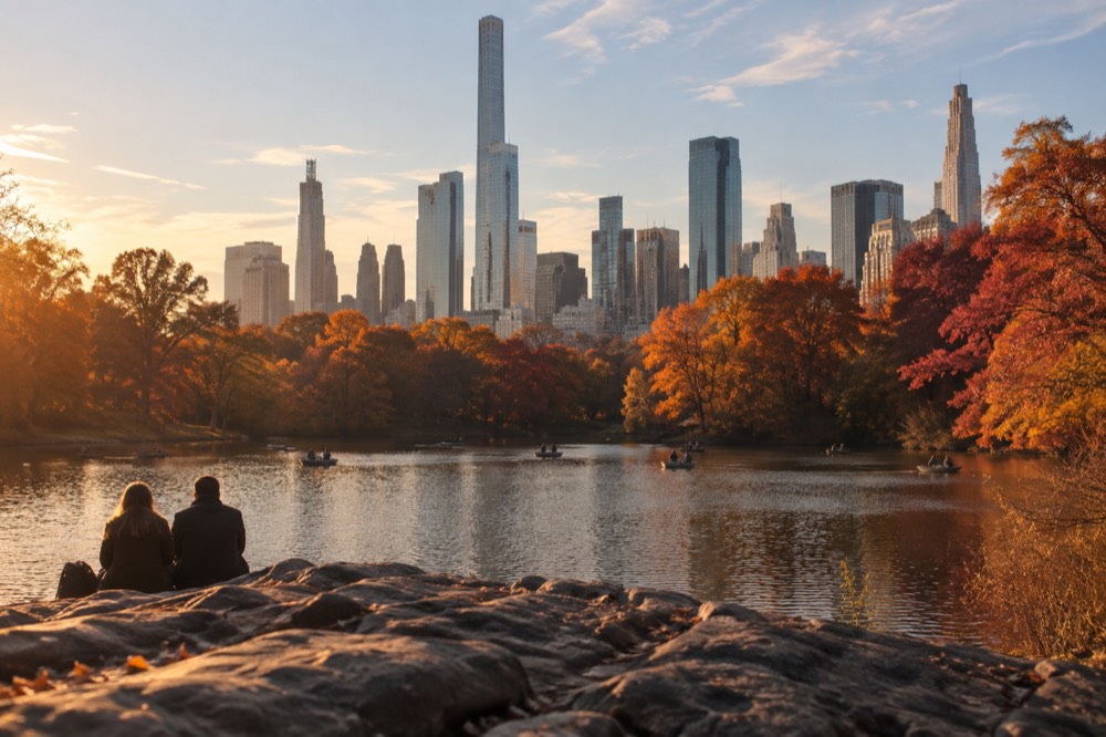 Central Park trees in orange and red fall color with a lake and the skyline behind them