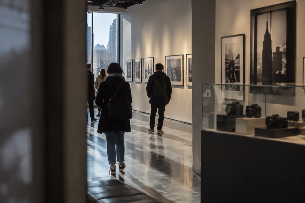 Visitors walking through the galleries of a photography museum with cameras and prints on display