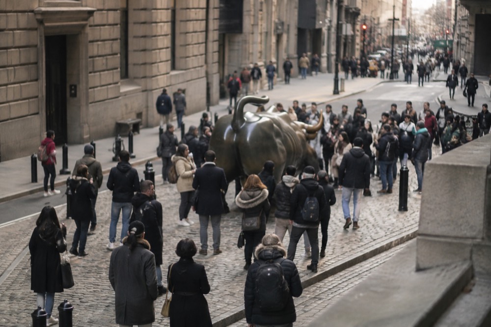 Visitors gathered around the bronze Charging Bull statue near Wall Street in Lower Manhattan