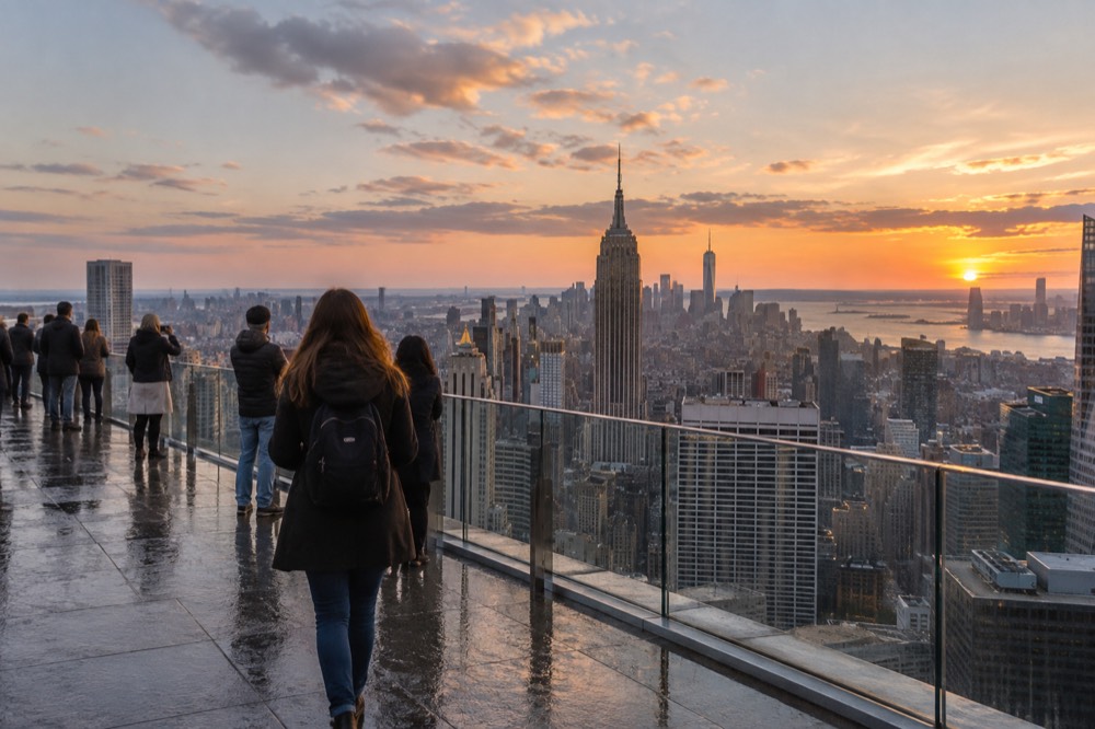 Visitors looking out over the Manhattan skyline from an observation deck at golden hour