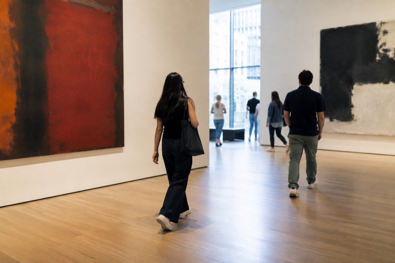 Visitors walking through a bright modern art gallery with large abstract paintings on the walls