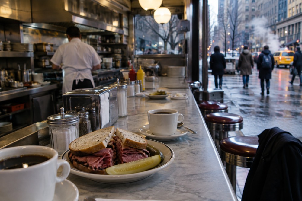 A classic New York diner counter with coffee cups and a pastrami sandwich on the bar