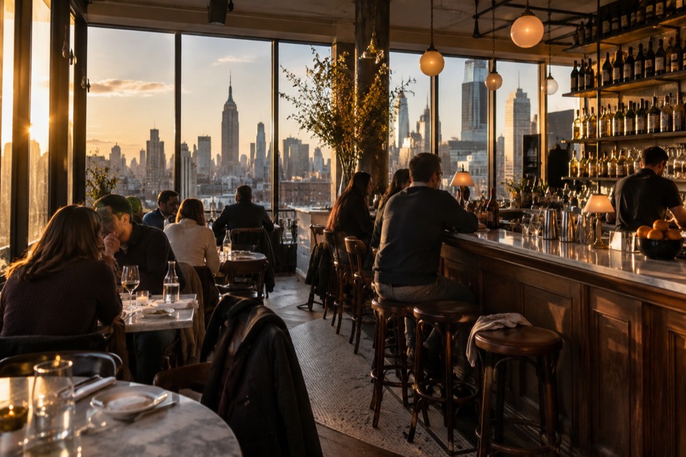 A cozy Italian restaurant interior with a long wooden bar, small marble tables and warm evening light