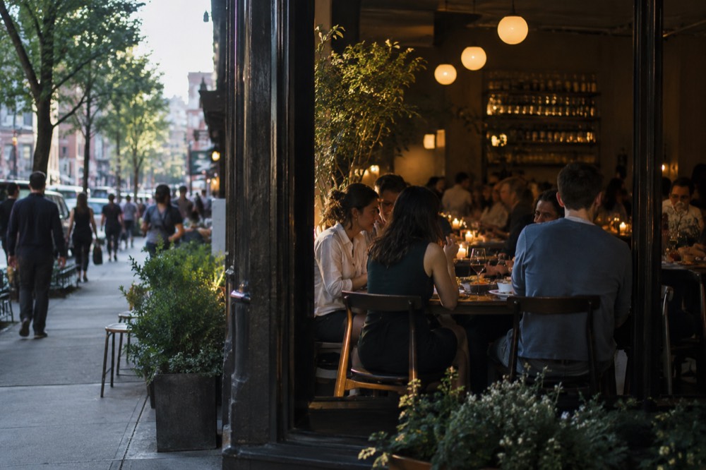 Diners sharing small plates at a busy Greenwich Village restaurant table in the evening