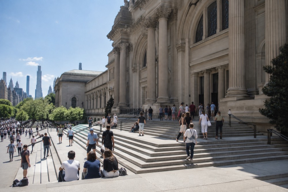 The grand steps and neoclassical facade of the Metropolitan Museum of Art on Fifth Avenue