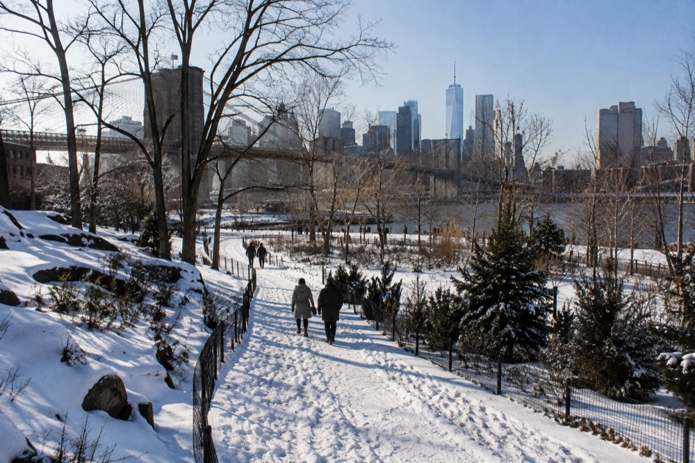 A snow-covered path in a Brooklyn park with leafless trees and footprints in fresh snow