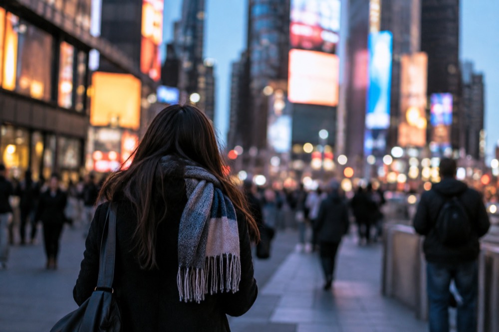 The illuminated marquees and theater entrances along a busy Broadway street in the New York Theater District at dusk