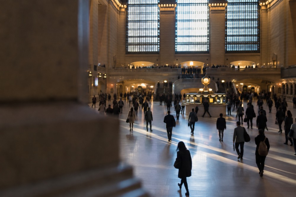 The main concourse of Grand Central Terminal with sunlight falling through the windows and commuters crossing the floor