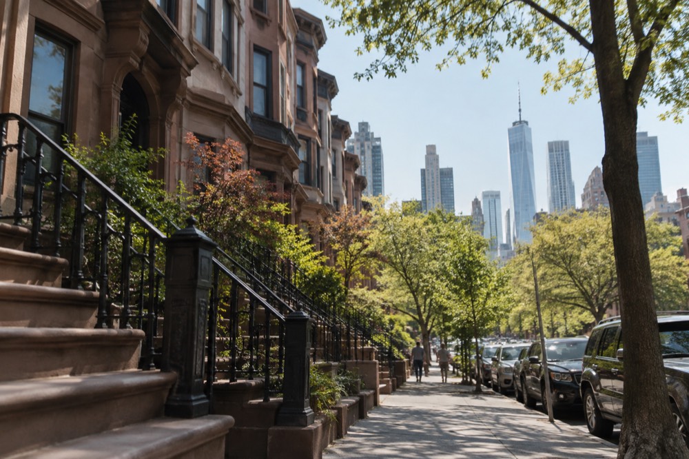 Brownstone row houses on a quiet tree-lined Brooklyn street with the Manhattan skyline behind them