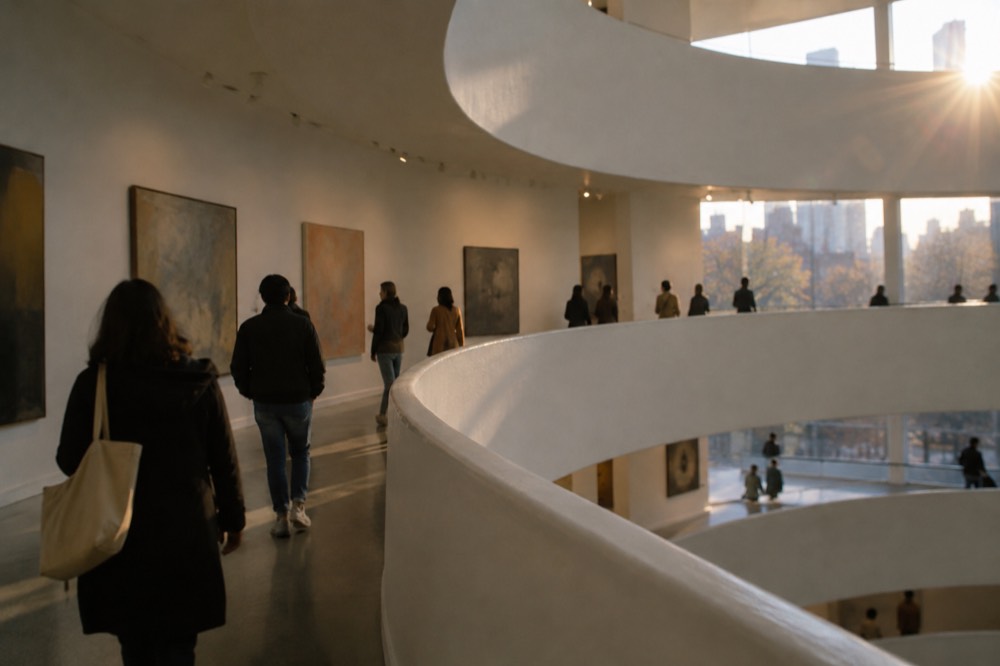 Visitors looking at paintings along the curved ramp of the Guggenheim Museum's rotunda