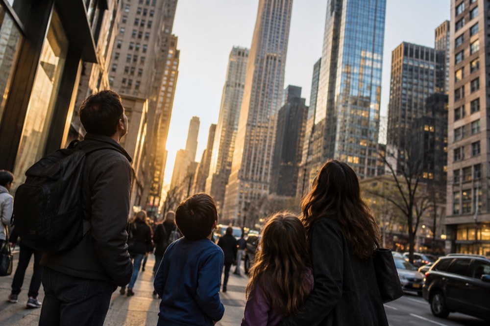 Parents and children looking up at tall buildings from a busy Manhattan sidewalk