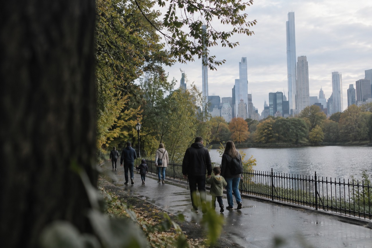Families walking along a wide park path with a lake and city skyline behind them