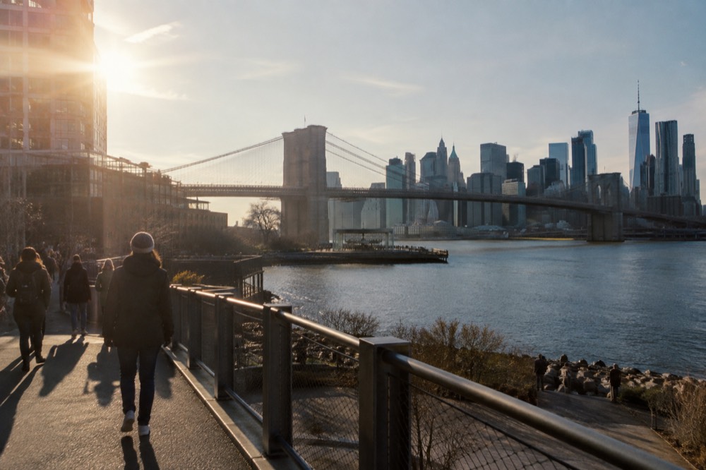 A pedestrian walkway above a river with a suspension bridge and city towers in the distance
