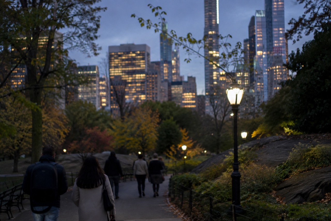 Visitors walking through a green New York park with skyscrapers behind the trees