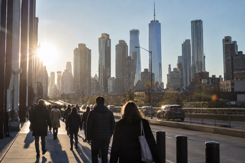Walkers on a wide New York sidewalk with the Manhattan skyline rising behind them on a bright morning