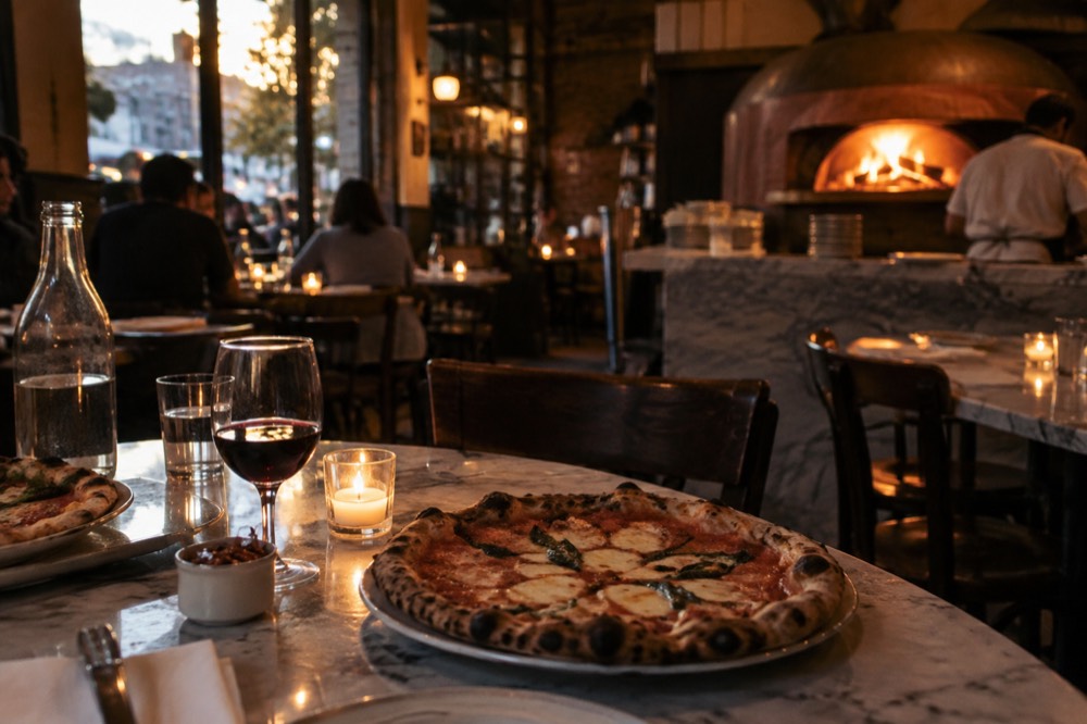A small candlelit pizzeria in Brooklyn with marble-topped tables and pizzas baking in a wood oven