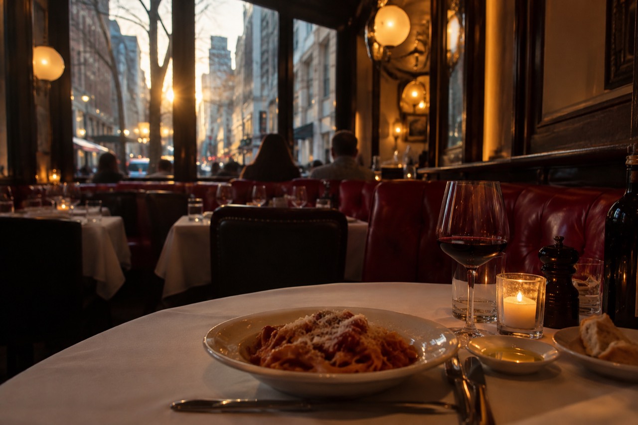 A candlelit Italian restaurant interior in New York with red banquettes and white tablecloths