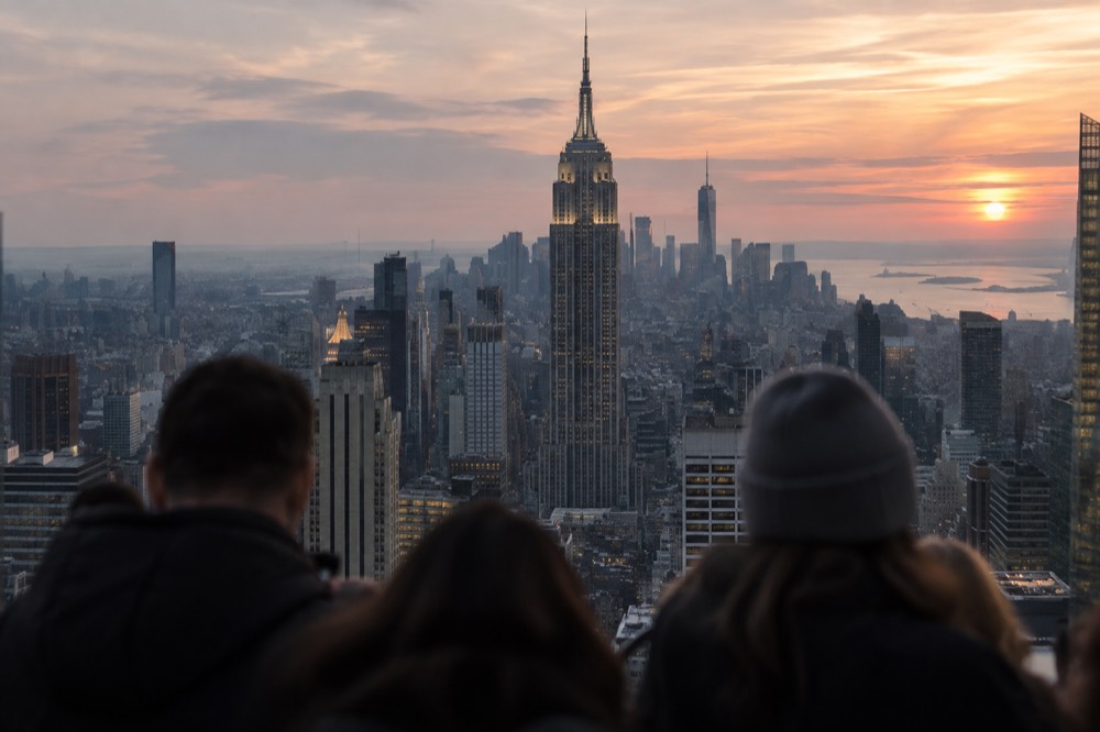 The Manhattan skyline rising above midtown rooftops at dusk, with the Empire State Building prominent among the towers