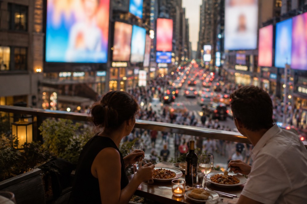 Diners seated at a small restaurant table with plates of pasta and wine in a warm evening light