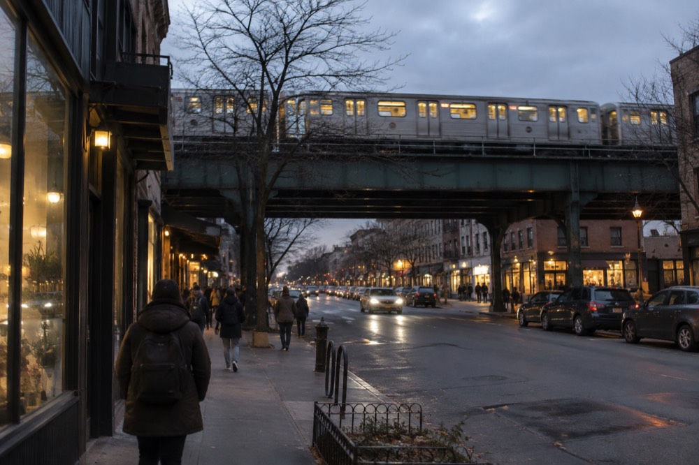 An elevated subway train crossing above 31st Street in Astoria at dusk, with shops lit below