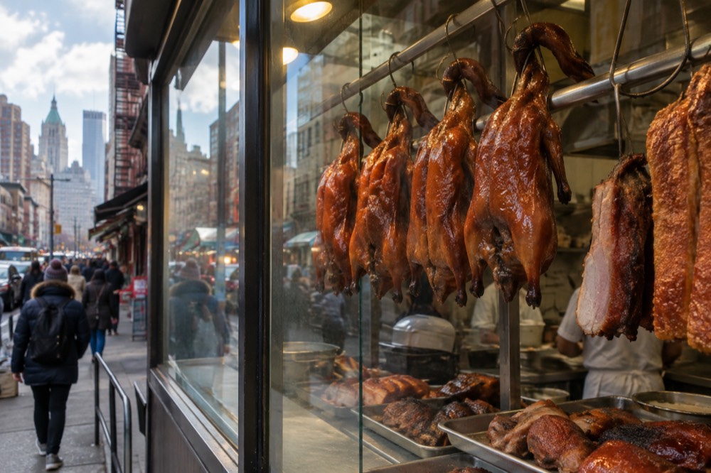 Roast ducks and pork hanging in the glass window of a Chinatown barbecue shop