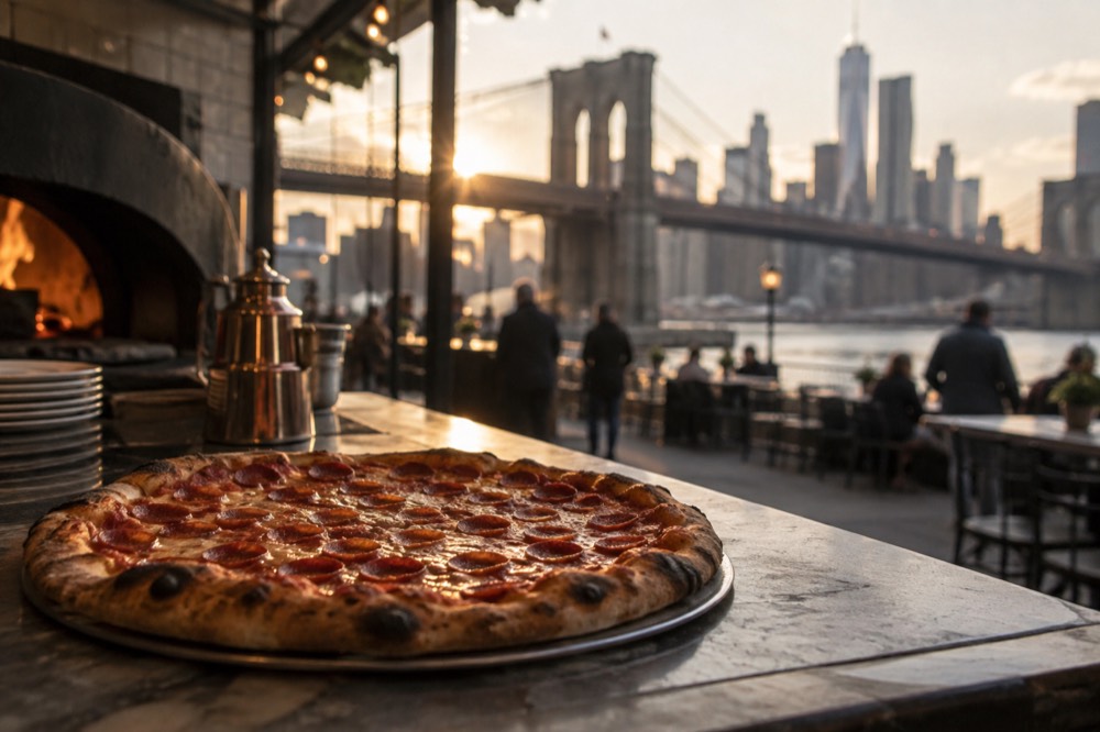 A whole pepperoni pizza fresh from a coal oven on a restaurant counter near the Brooklyn Bridge