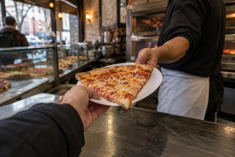 A slice of pizza being handed over a counter in a small East Village pizzeria