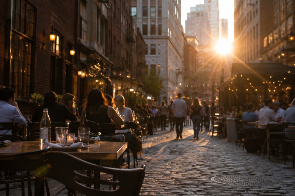 Outdoor tables lining the cobblestones of Stone Street in the evening