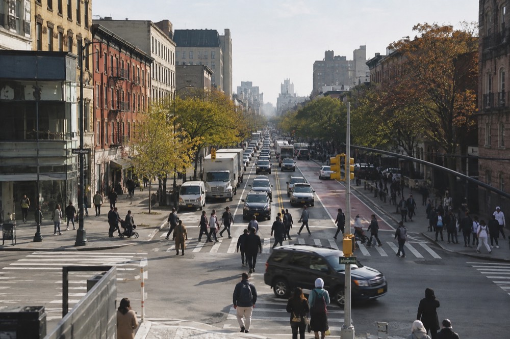 Pedestrians crossing a busy 125th Street shopping corridor in Harlem on a bright afternoon