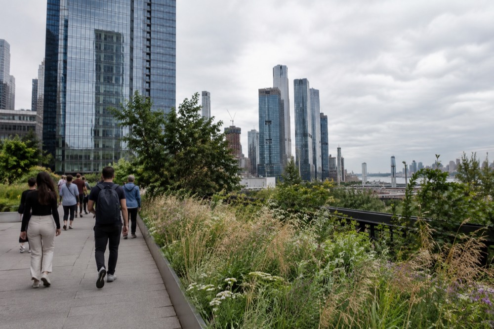 People strolling along an elevated park path lined with grasses and wildflowers
