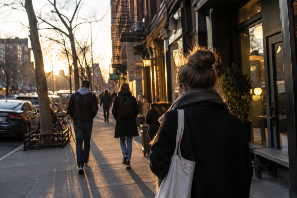 People walking along a narrow Lower East Side sidewalk past storefronts under old brick buildings