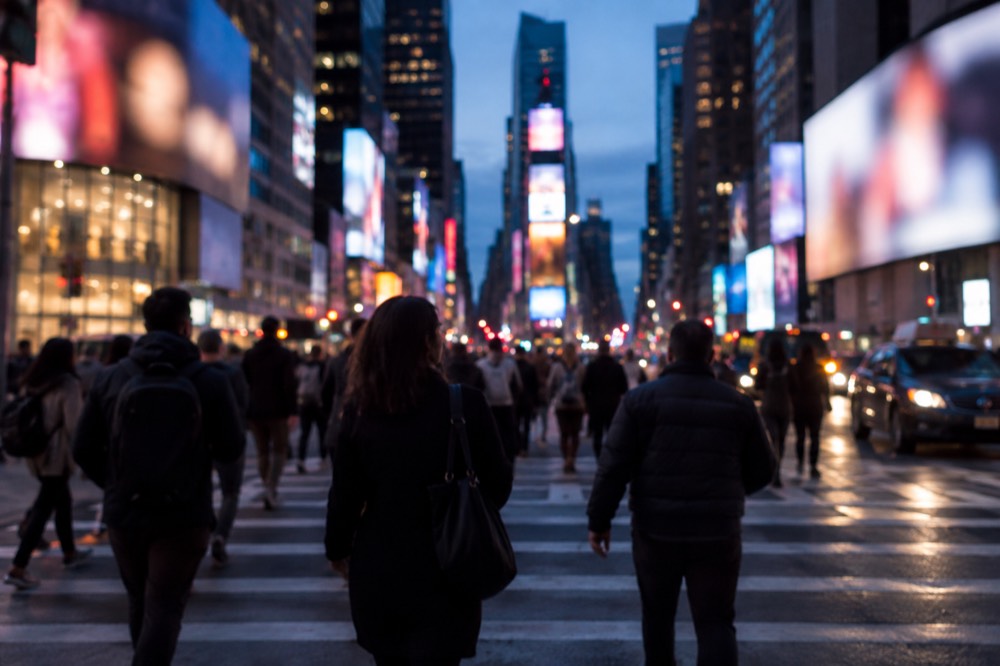 Pedestrians crossing a wide street beneath glowing billboards in Times Square