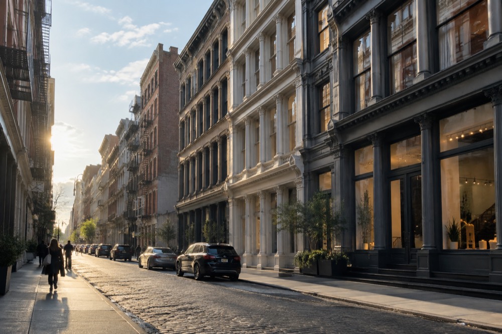 Row of cast-iron building facades with tall windows and ornamental columns on a SoHo side street