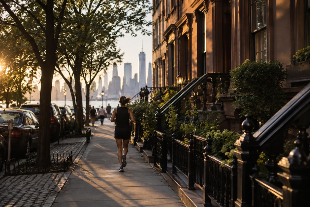 Row houses along a tree-lined Brooklyn Heights street with the Manhattan skyline visible between buildings
