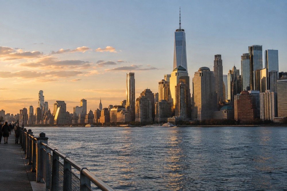 The Manhattan skyline seen from across the East River at golden hour