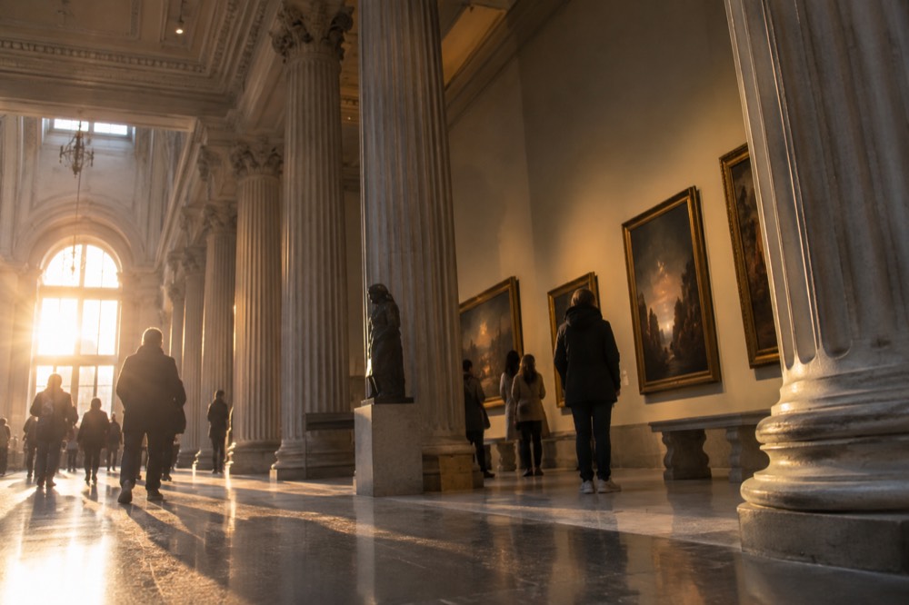 A grand museum gallery with tall stone columns and visitors viewing paintings